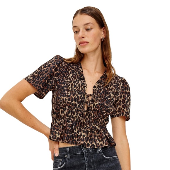 NEW RAILS Portia Top Brown Leopard Print Tie Front Dainty Shirt Size Small